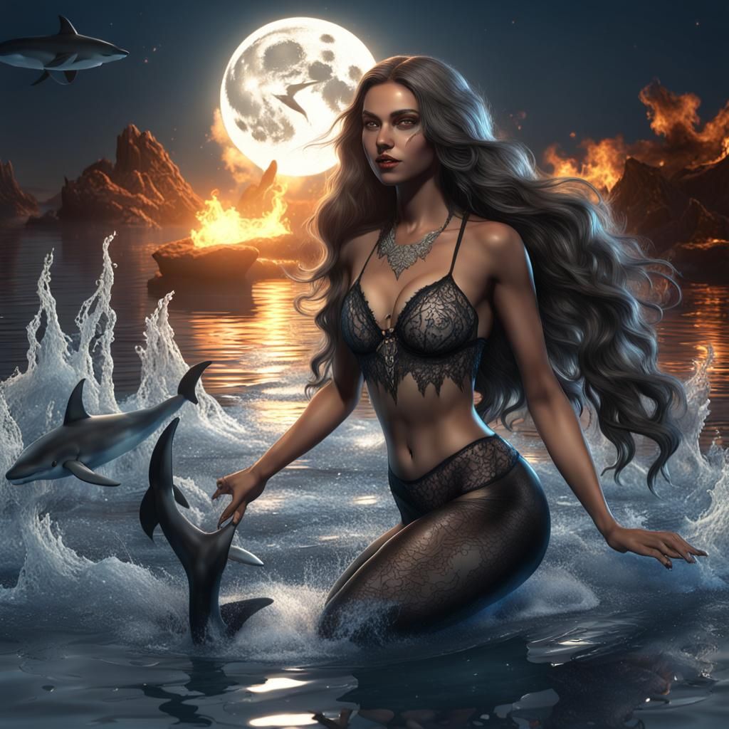 Lingerie Model on Shark in Steamy Waters