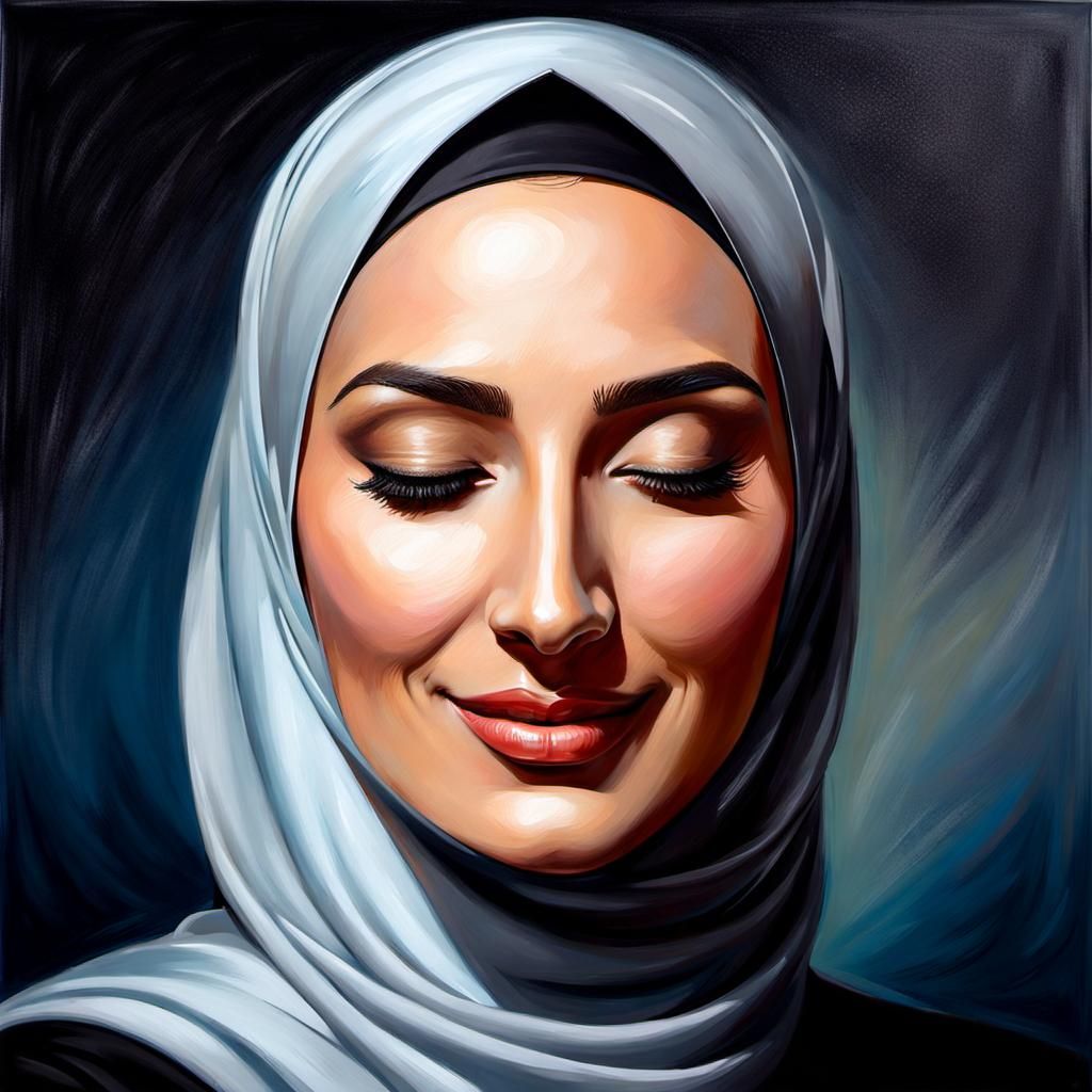 Elegant Hijabi Woman with Closed Eyes, Oil Painting