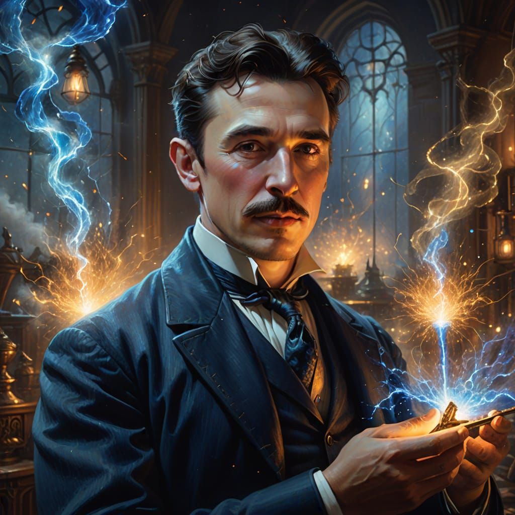 Tesla at Work with Blue Sparks in Ethereal Style