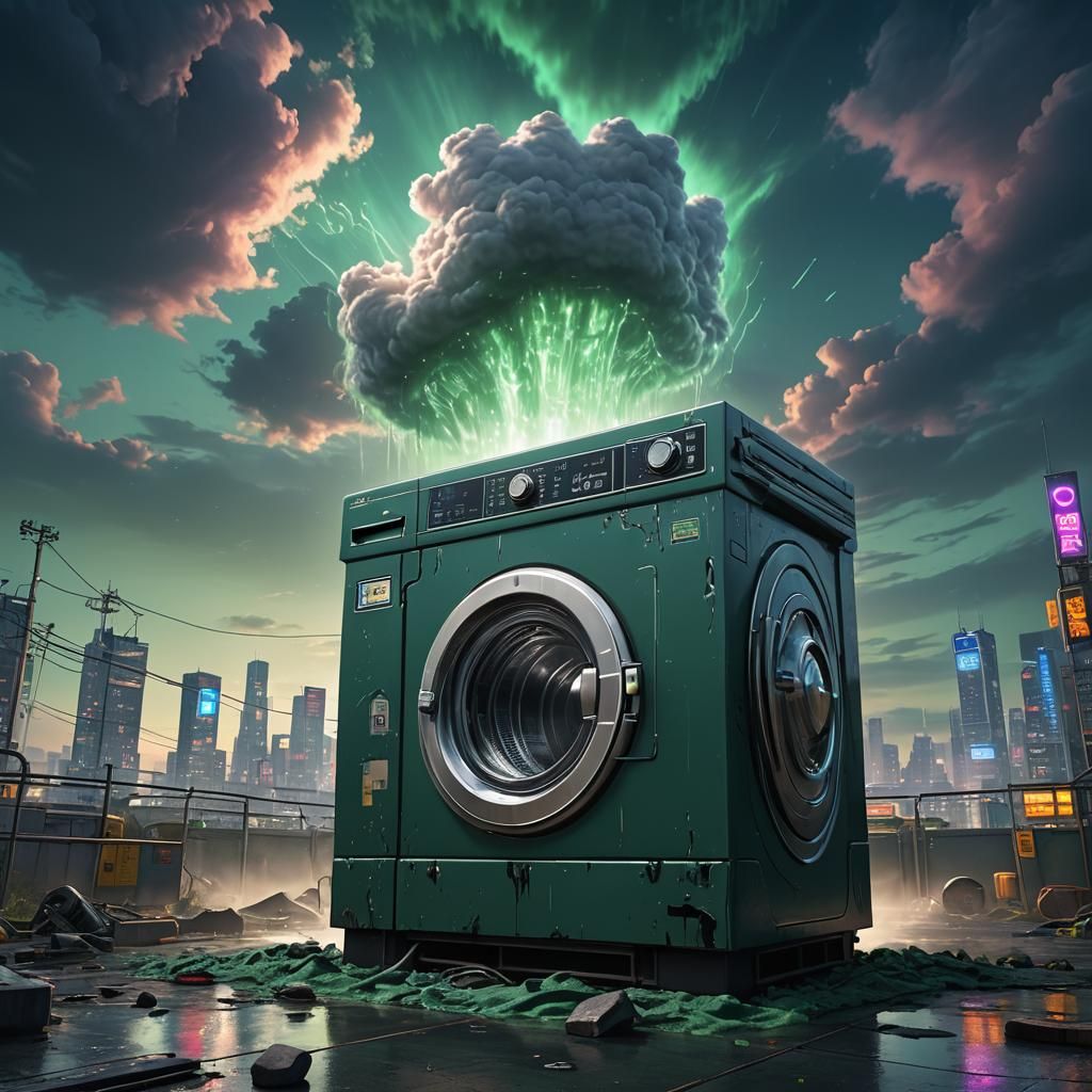 Giant Cyberpunk Washing Machine in Dusk Sky