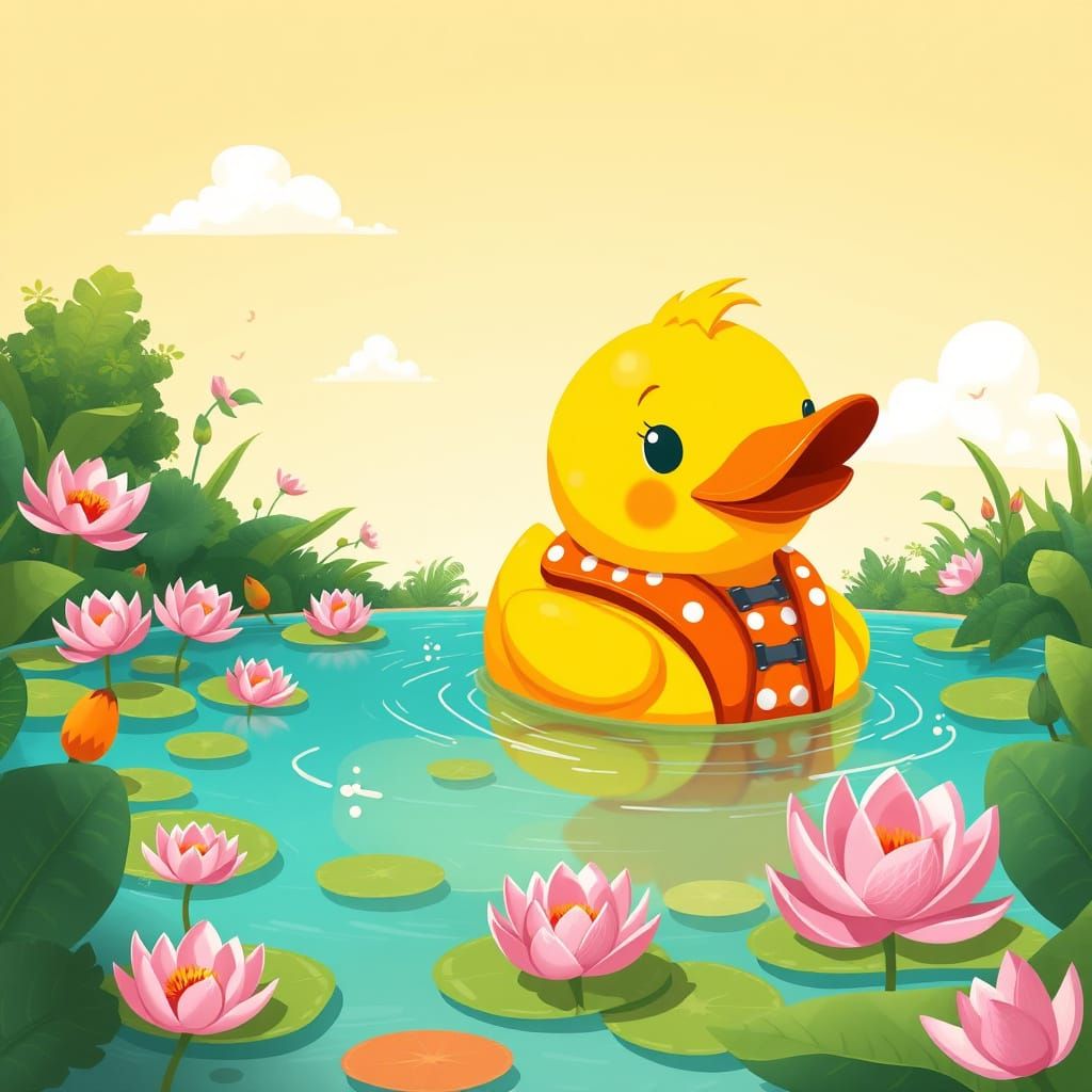 Whimsical Rubber Duck soaks up the Sun in a Serene Garden Po...