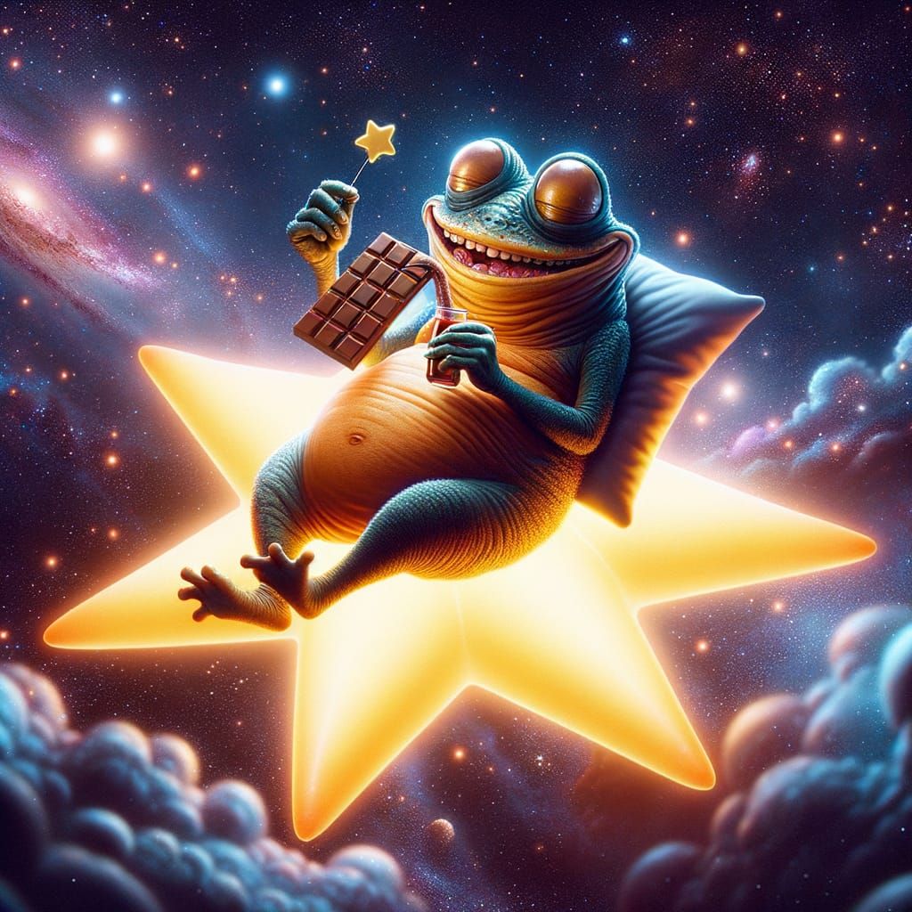 Whimsical Alien Enjoying Chocolate Amidst Cosmic Wonders