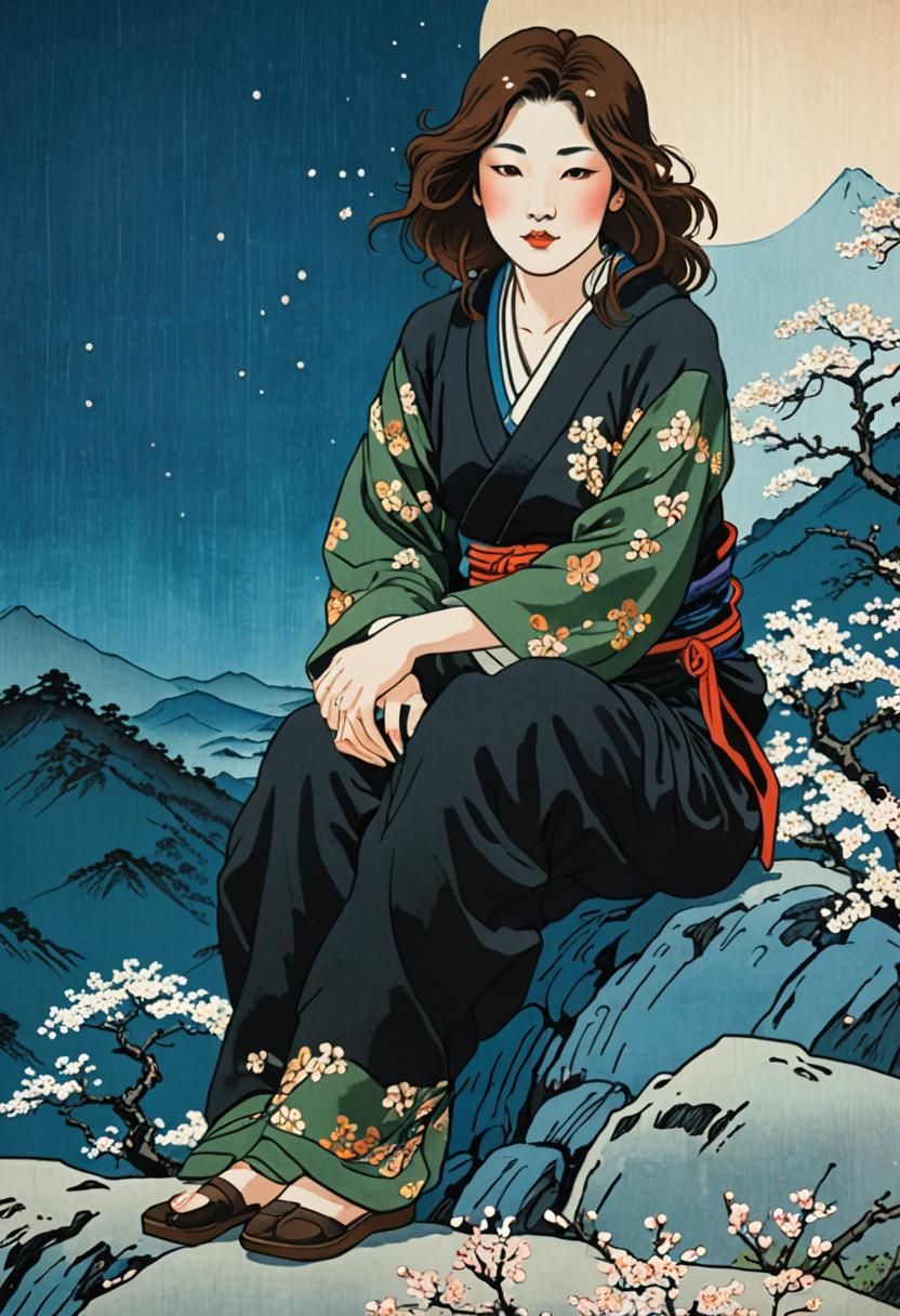 Ukiyo-e Woodblock Print of Jill on Cliffside