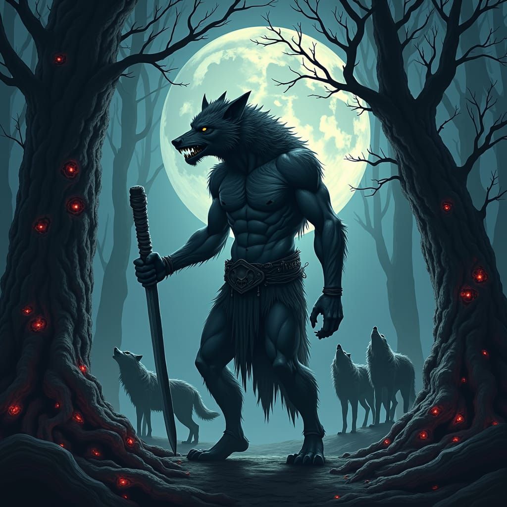 Werewolf Ready for Battle in Dark Fantasy Forest