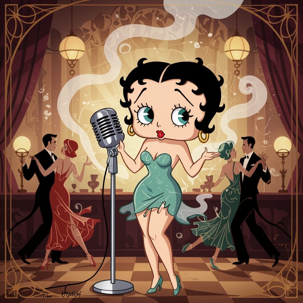 Picture a vibrant chalk art rendering of Betty Boop, her iconic features softened with pastel hues, singing a jazz melod...