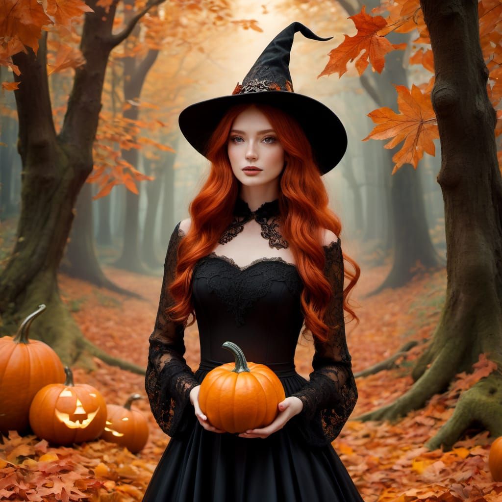 Mysterious Witch in Enchanted Autumn Forest