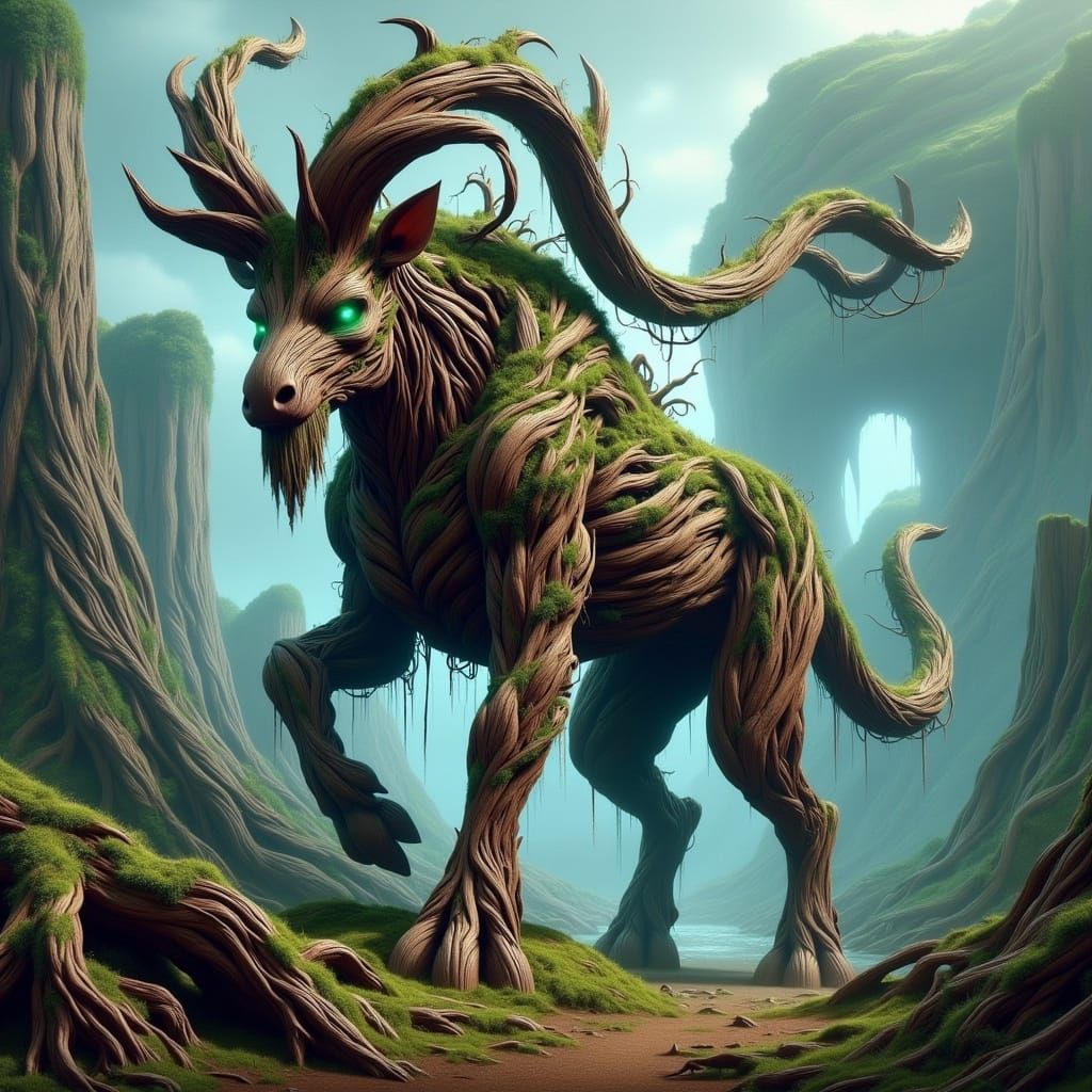 Ent Markhor Hybrid in Mystical Mountainscape Matte Painting