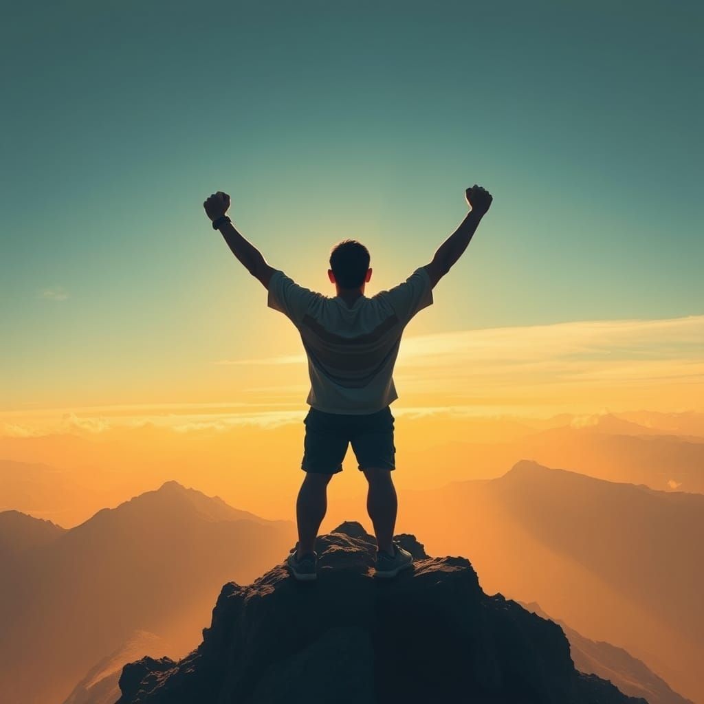 Triumphant Figure on Mountain Peak in Golden Light