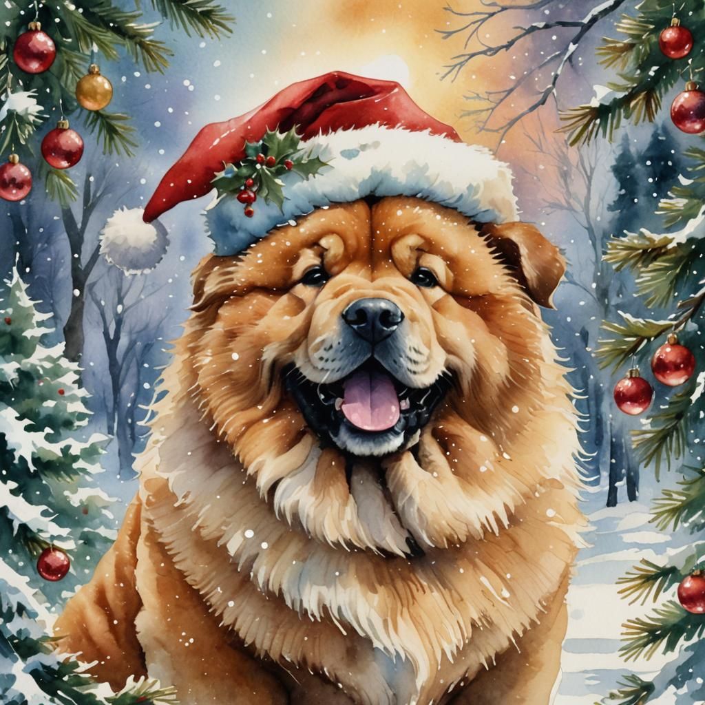 Festive Chow Chow in Santa Hat, Watercolor Illustration