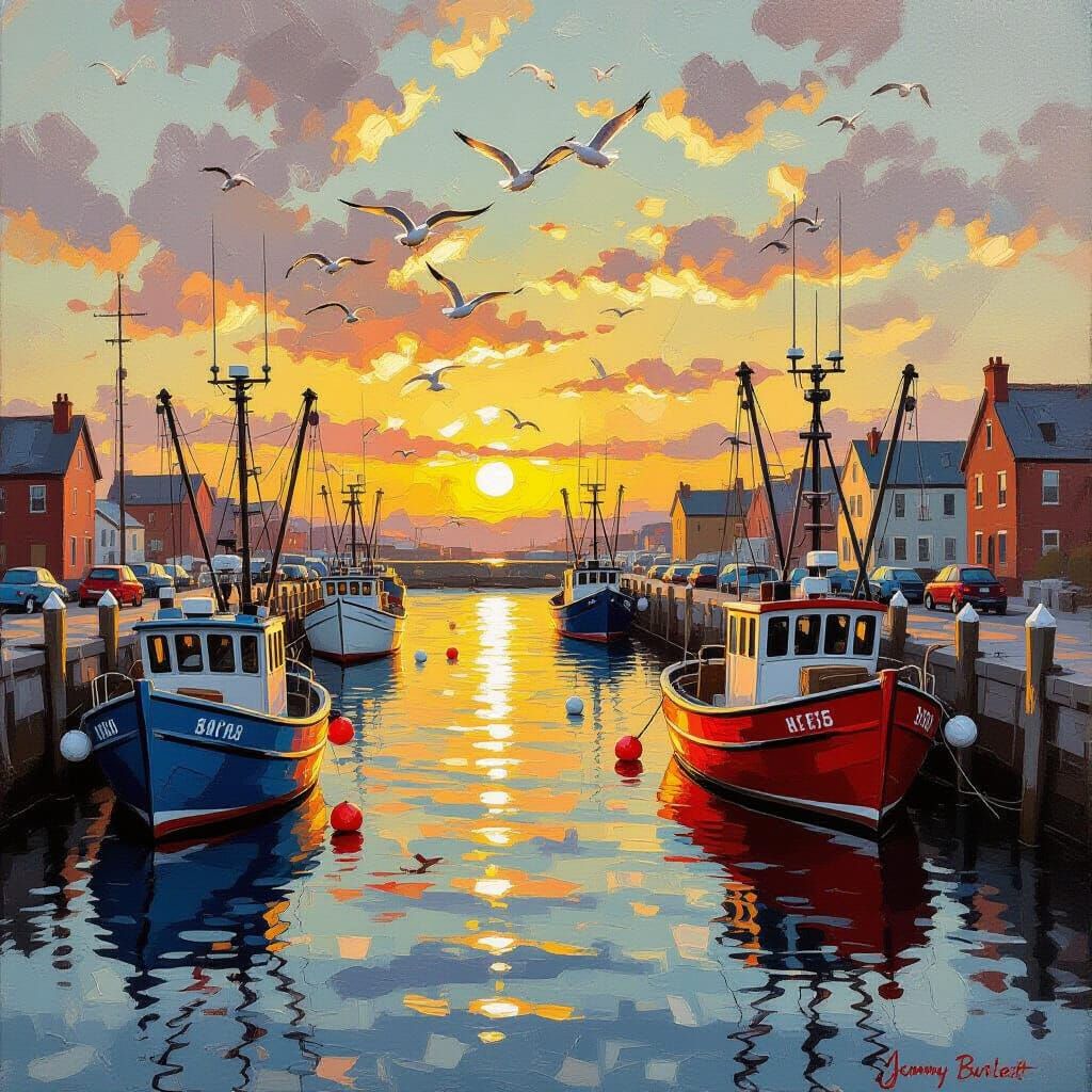 Impasto Painting of a Lively Harbour at Sunrise