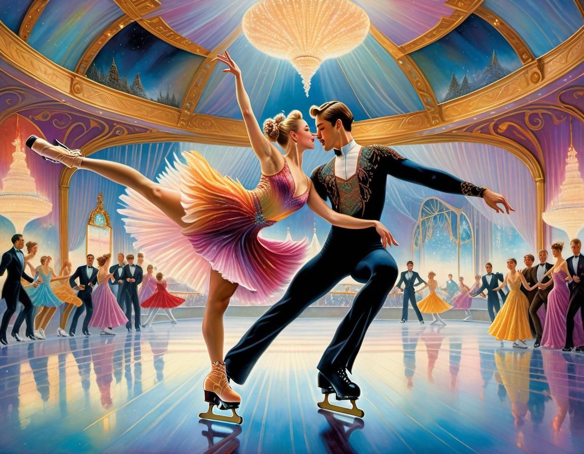 Dynamic Figure Skating Pair in Watercolor Style