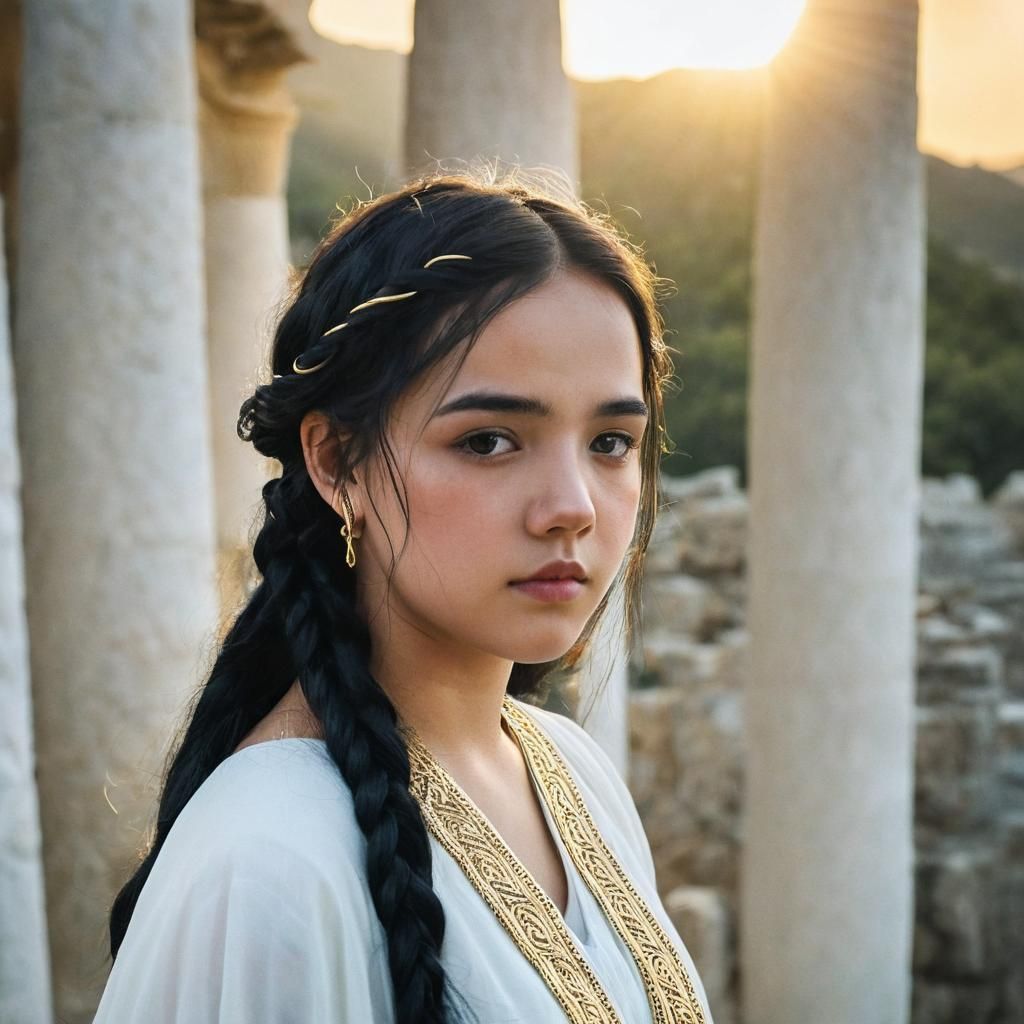 Elegant Portrait of Ancient Greek Woman in Golden Hour