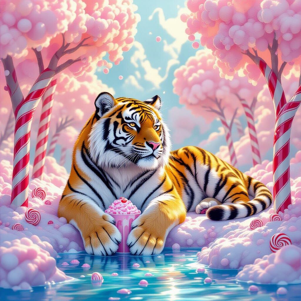 Sabertooth Tiger in Whimsical Candy Cane Forest