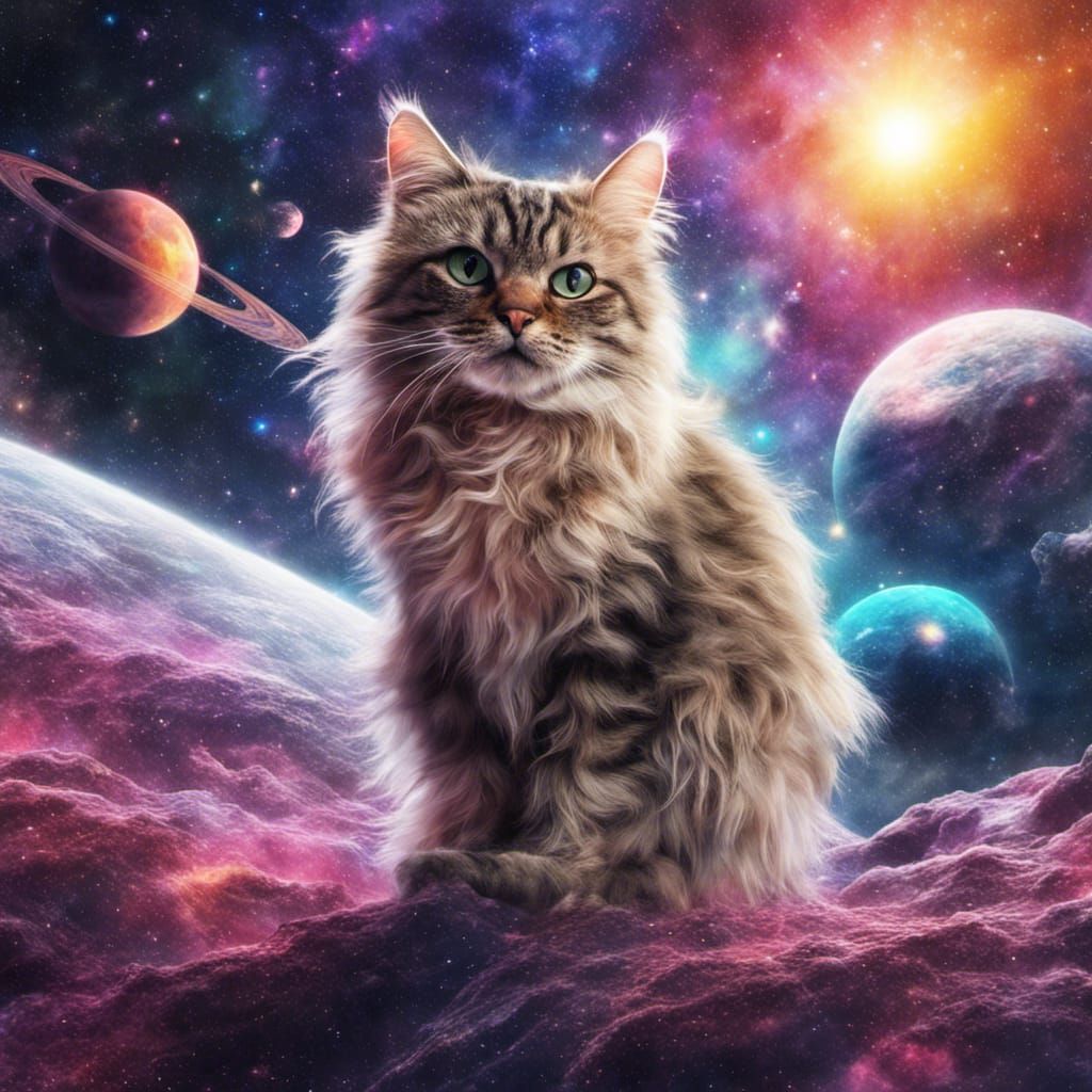 Cosmic Cat on a Planet: Holographic Astral Illustration