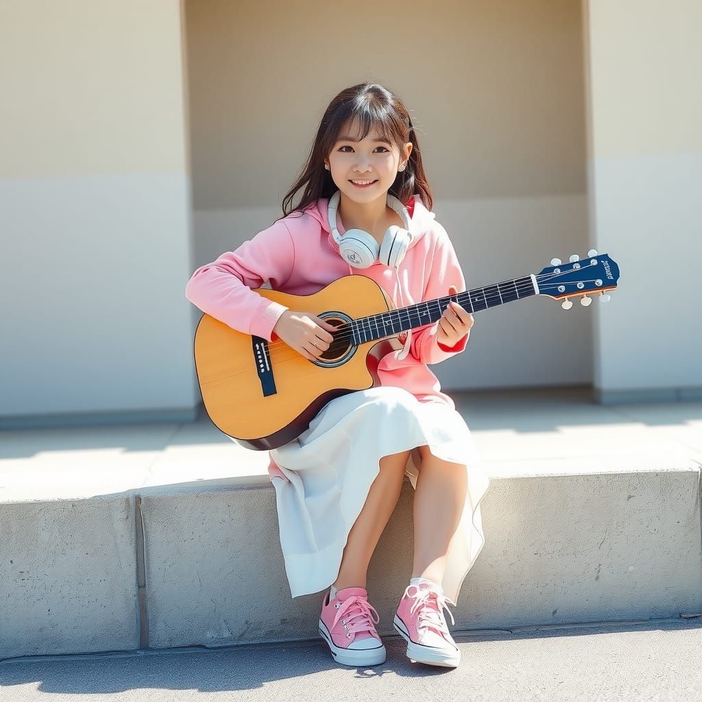 Pastel Photo of Japanese Girl Playing Guitar