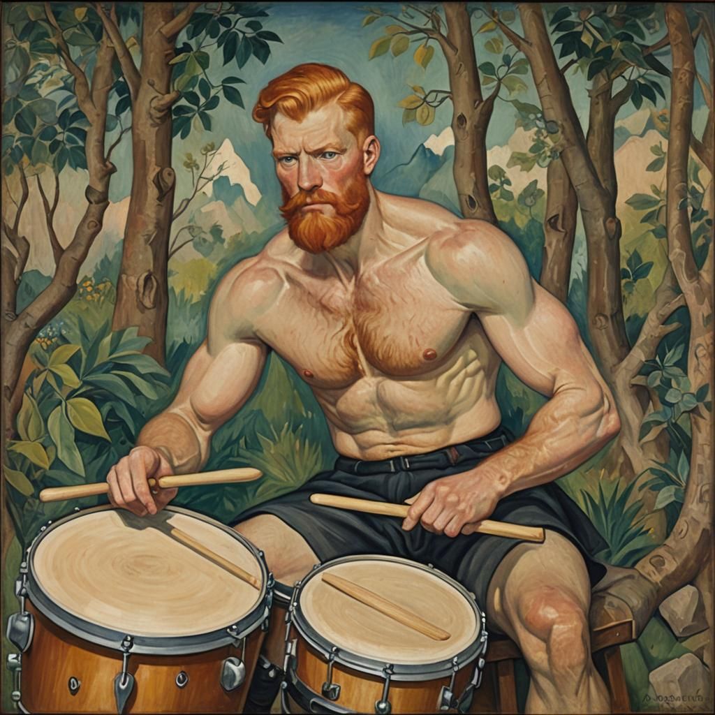 Ginger Bearded Drummer: Oil Painting by Carrington