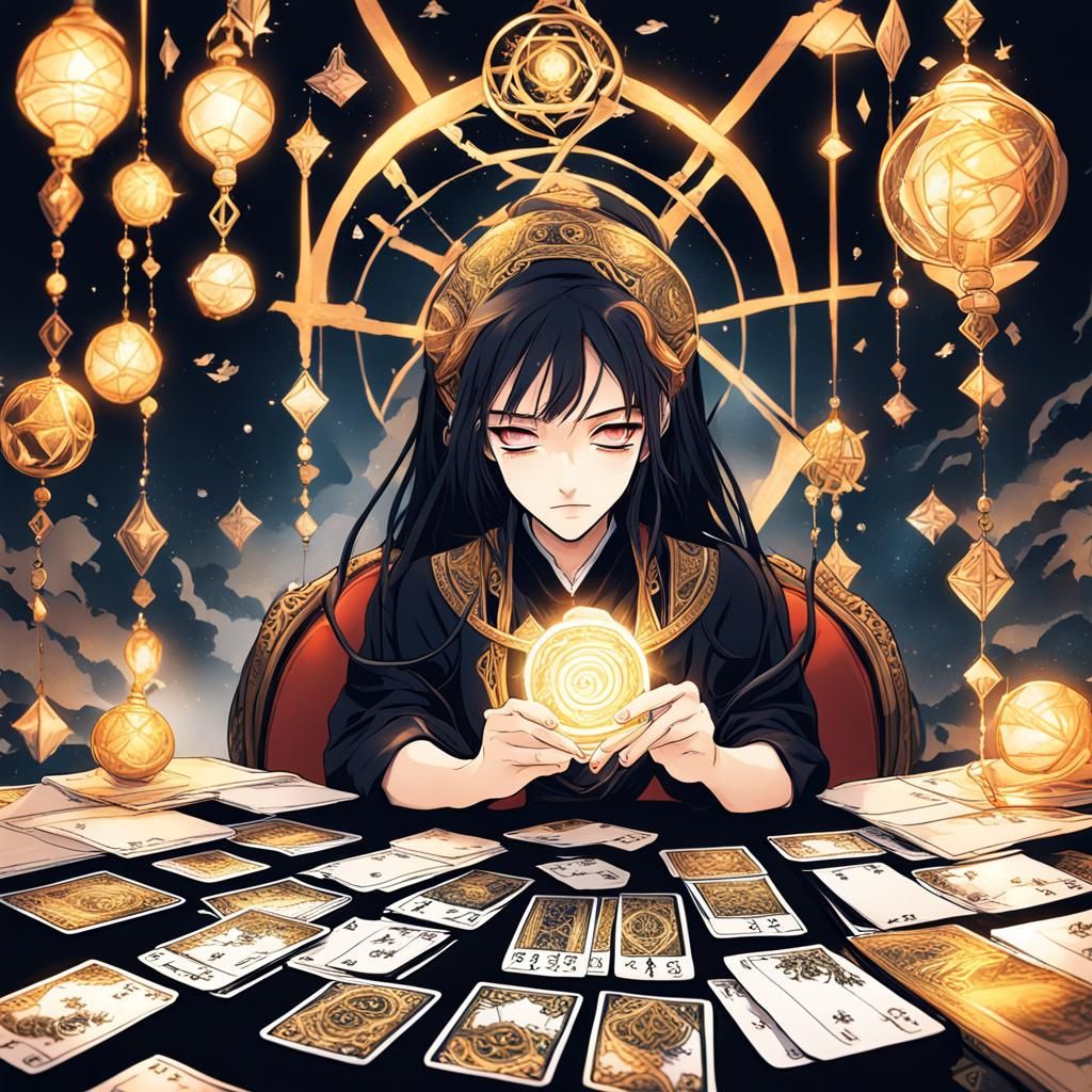 young woman is handling tarot cards, with a (captivating look at us:1.7), (even with her head down:1.7), (she is hypnoti...