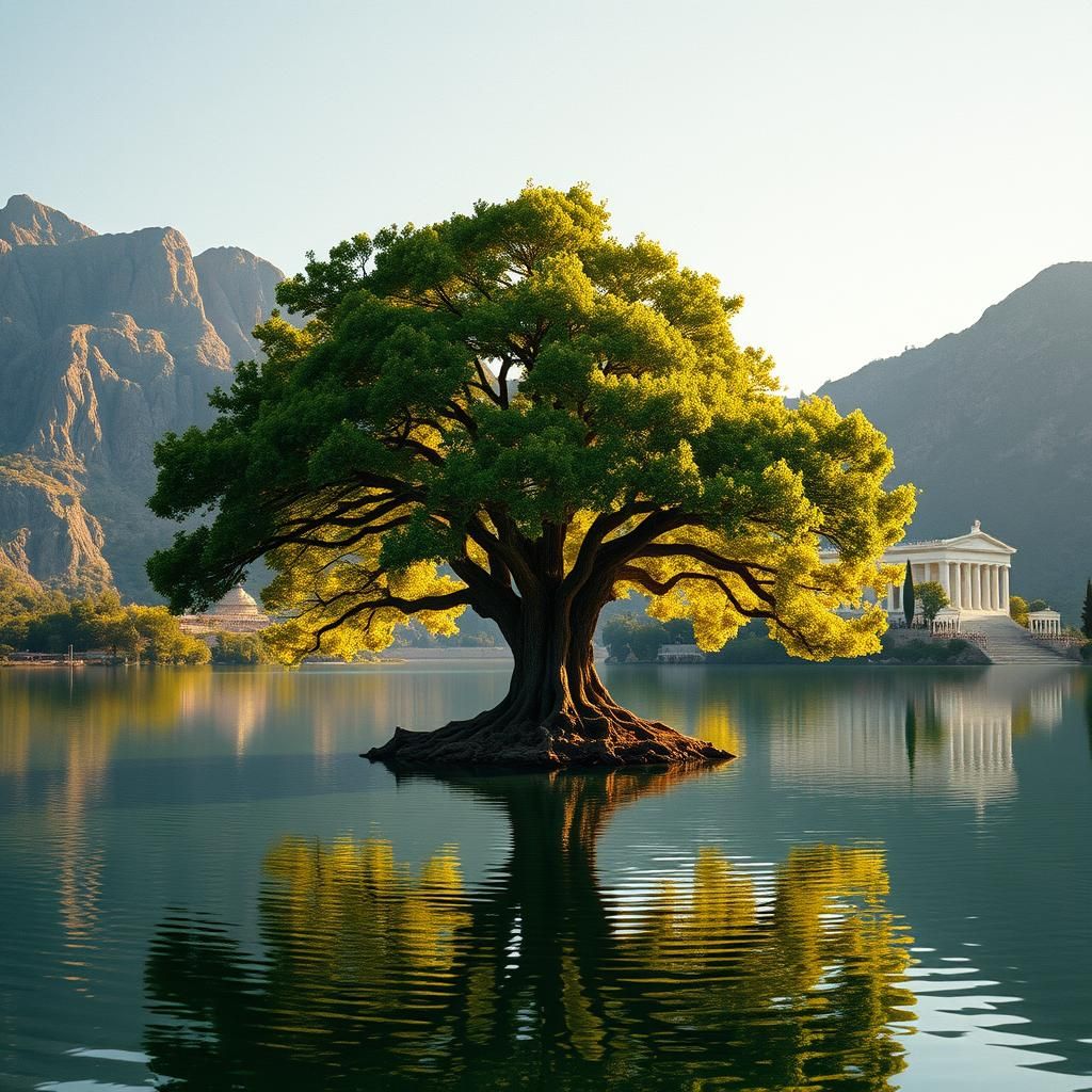 Ancient Oak Tree Reflected in Lake, Golden Lighting