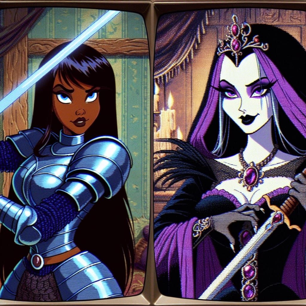 Heroic Knight Faces Off Against Sorceress in Dark, Painterly...