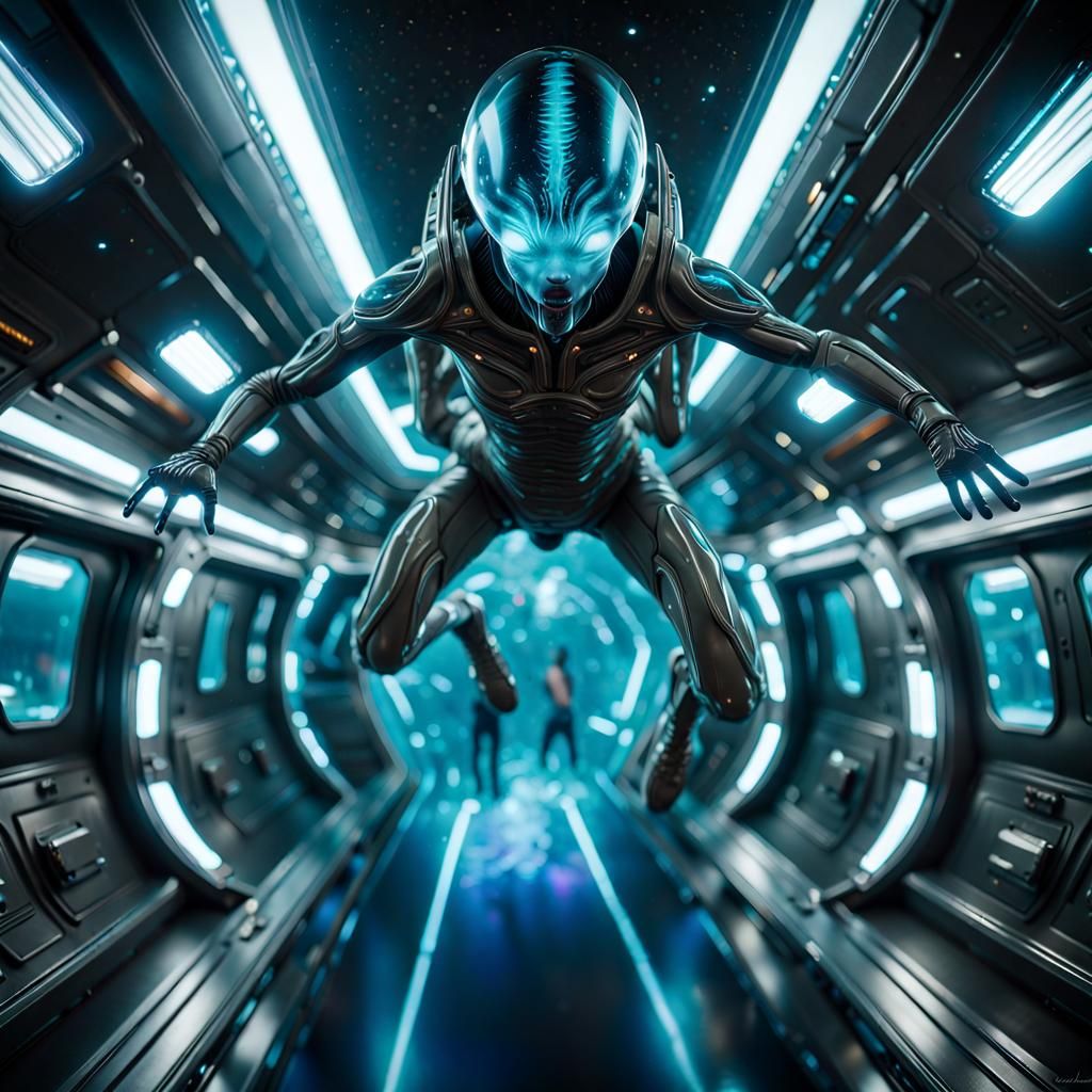 An intricately detailed magnificent bioluminescent alien doing backflips in zero gravity.The interior of the spaceship h...