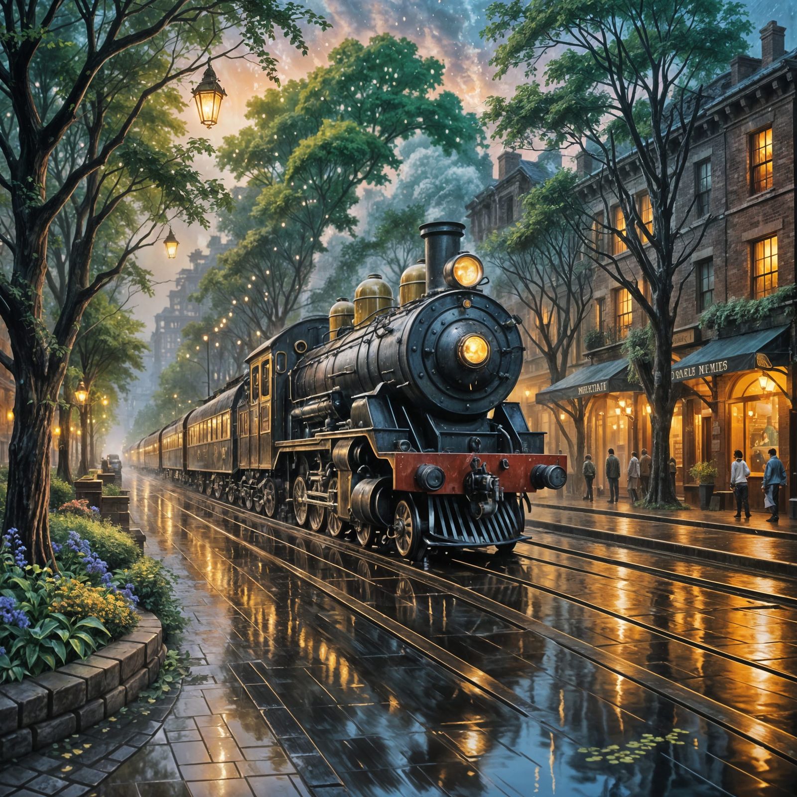 Ethereal Fantasy Train Ride Through a Rainy City Night