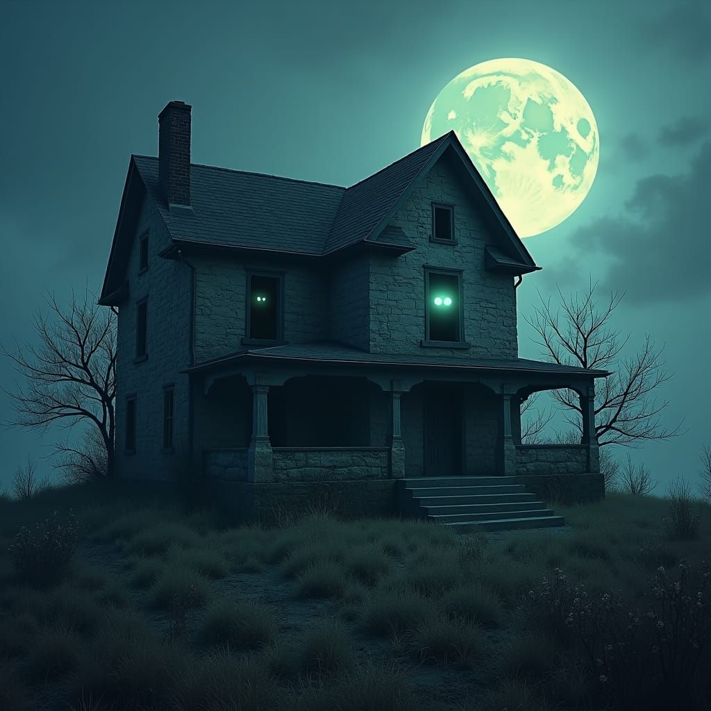 Eerie Vacant House Under Full Moon, Matte Painting