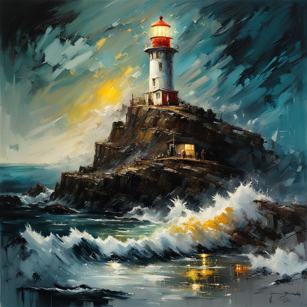 Lighthouse at Night as Impasto Oil Painting