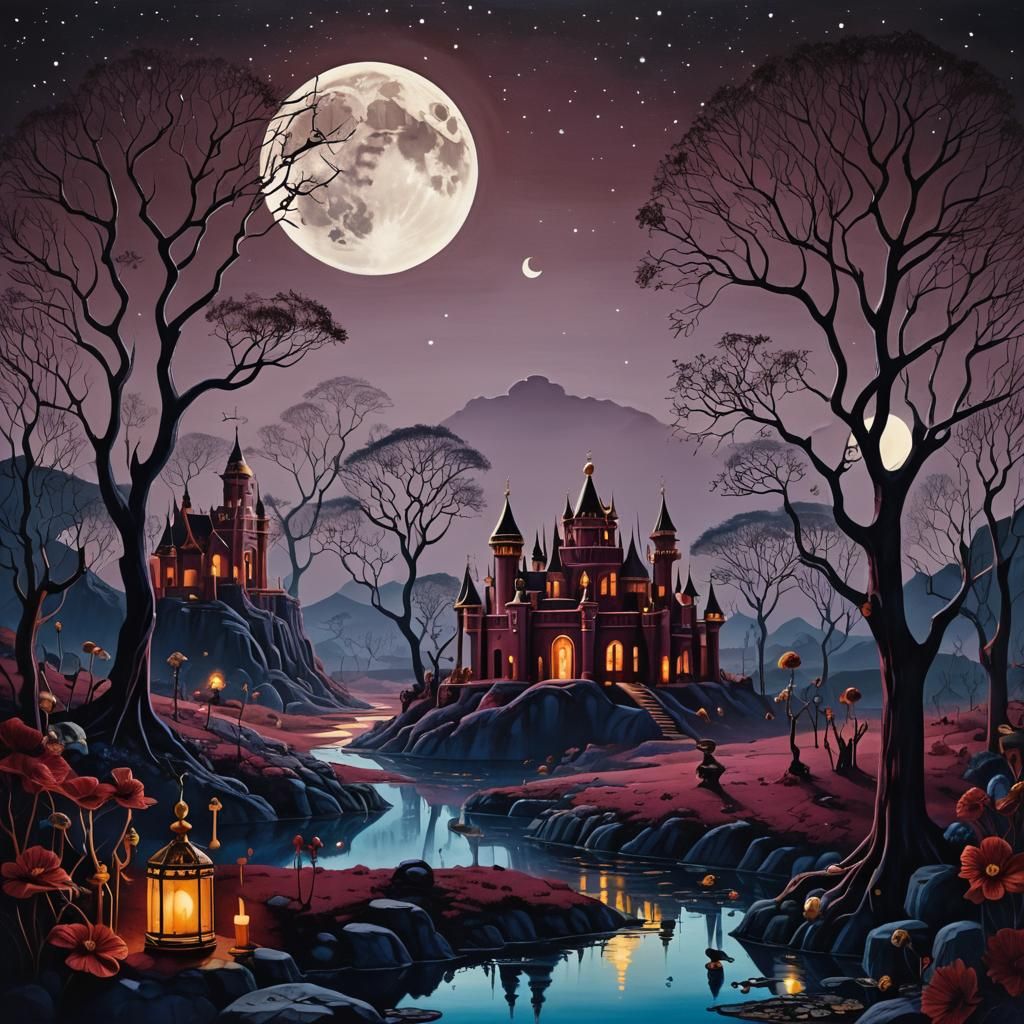 Whimsical Moonlit Kingdom in Vibrant Tim Burton Style