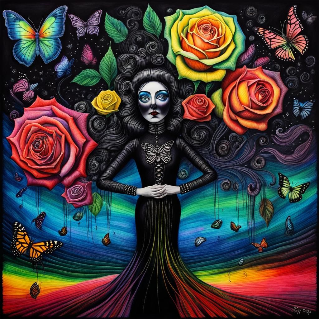 Surreal Crayon Drawing of a Goth Woman