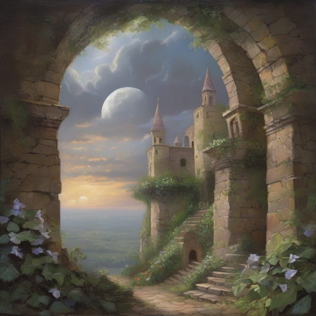 Fantasy Towers in Stormy Sky, Romanticism Oil Painting