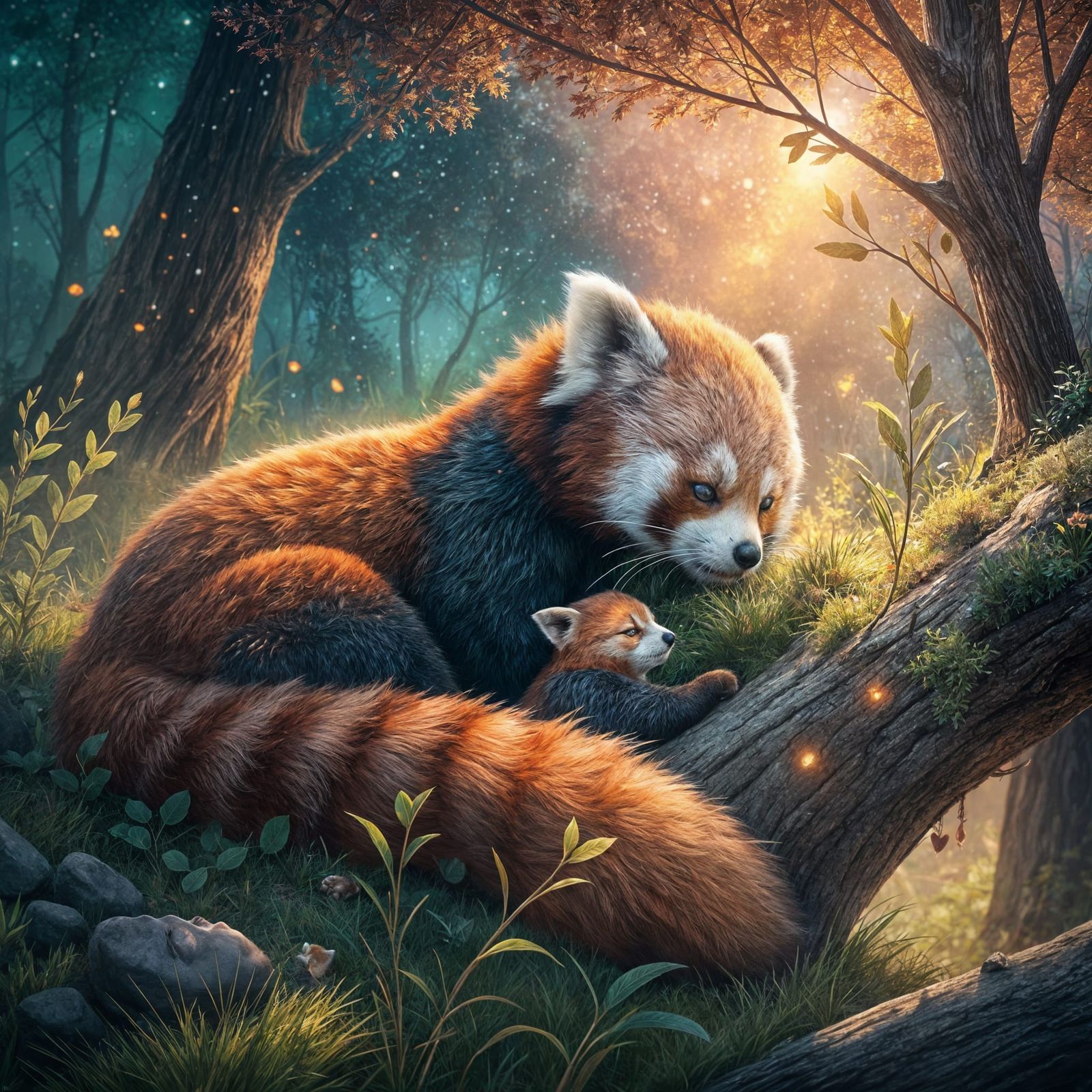 Red Panda and Cub in Dreamlike Forest Glade