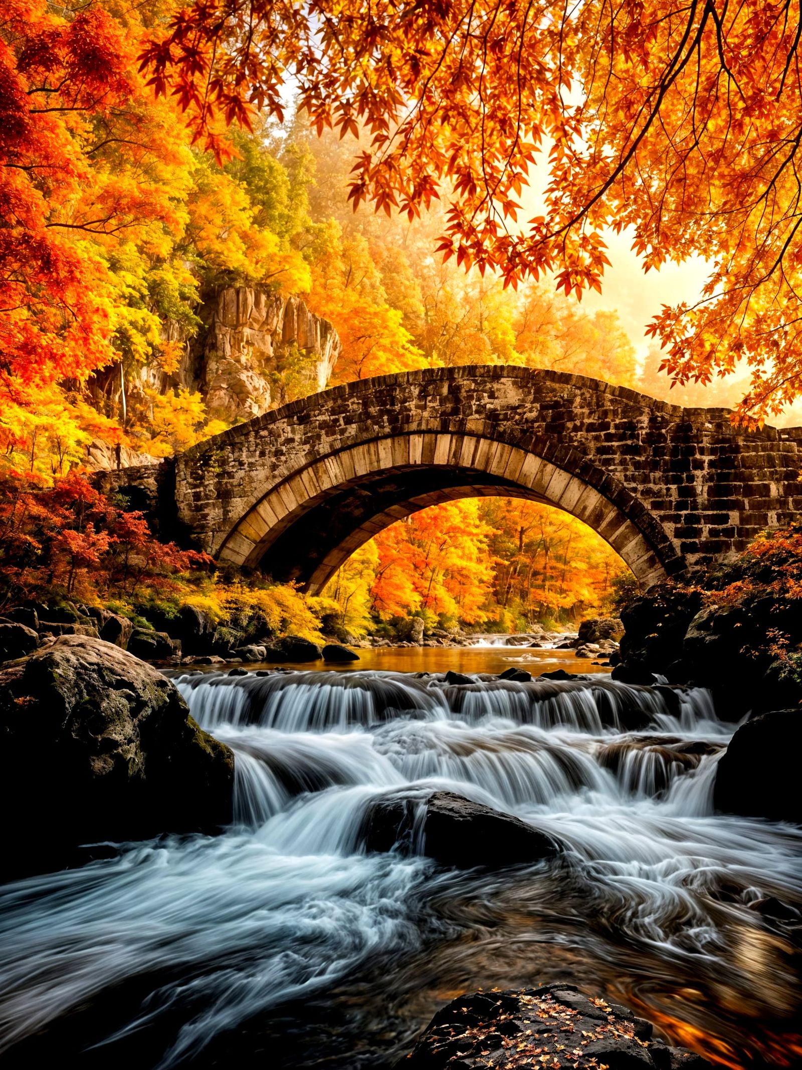 Autumn Waterfall Bridge in Golden Light