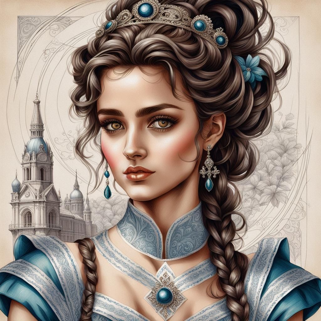 Portrait of a Beautiful Young Goddess with Cross-Hatching