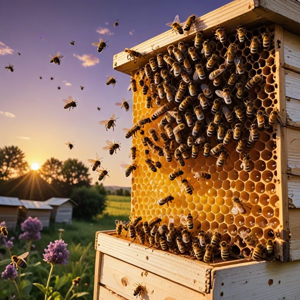 Surreal Hive of Glowing Purple Bees in Vibrant Orange and Pu...