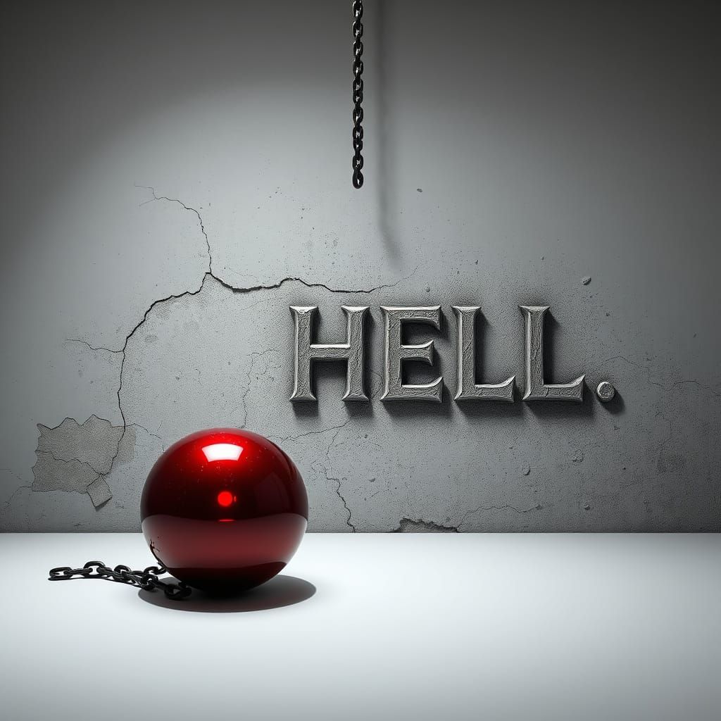 Red Sphere Chained in White Studio, Dark Fantasy Style