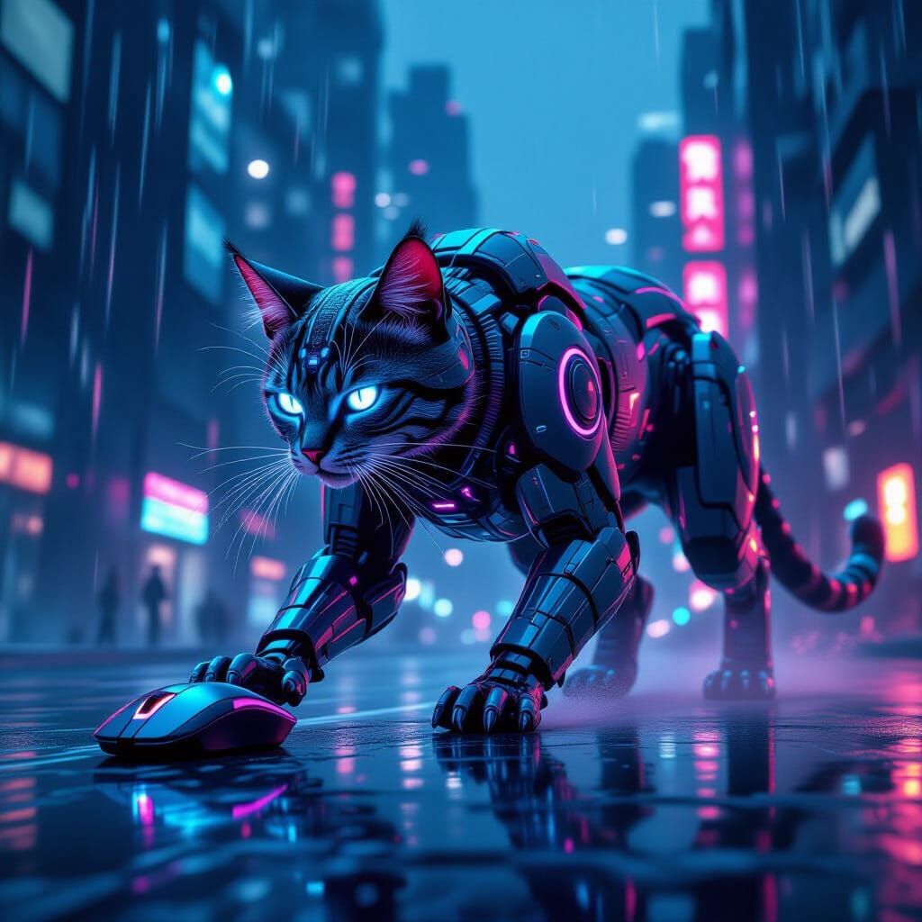 Cybernetic Cat Chases Mouse in Neon Cityscape