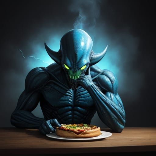 Alien Eating Breakfast in Vibrant Splash Art Style
