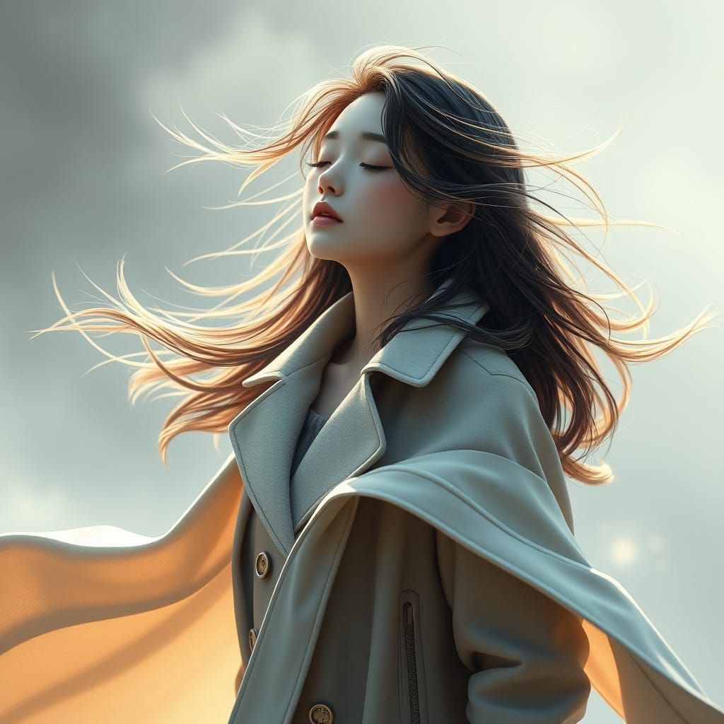 Woman in Serene Landscape with Gentle Breeze