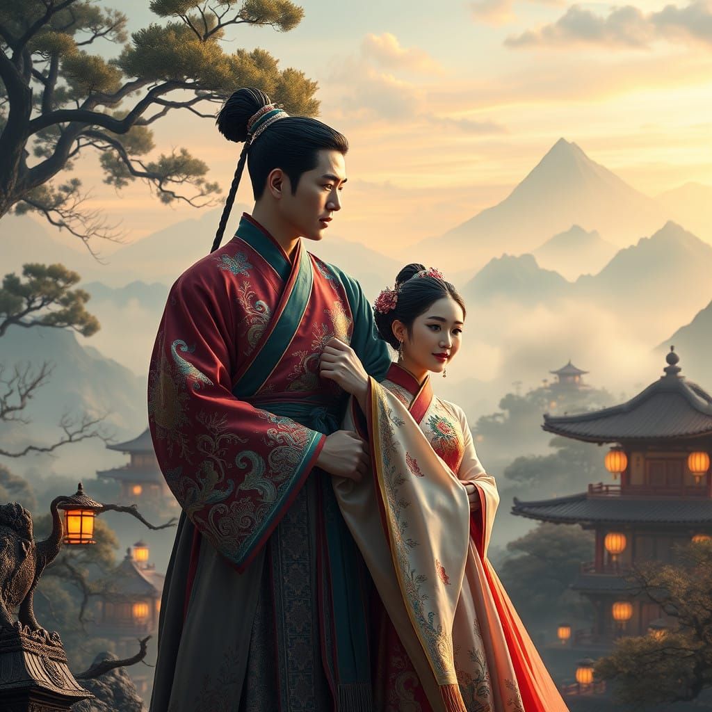 Ethereal Hanbok Couple in Dreamlike Korean Landscape