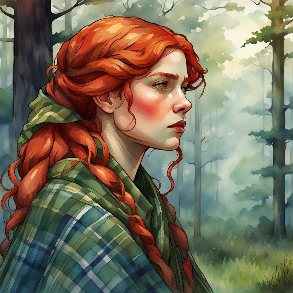 Victorian Scottish Girl Portrait in Alphonse Mucha Watercolo...