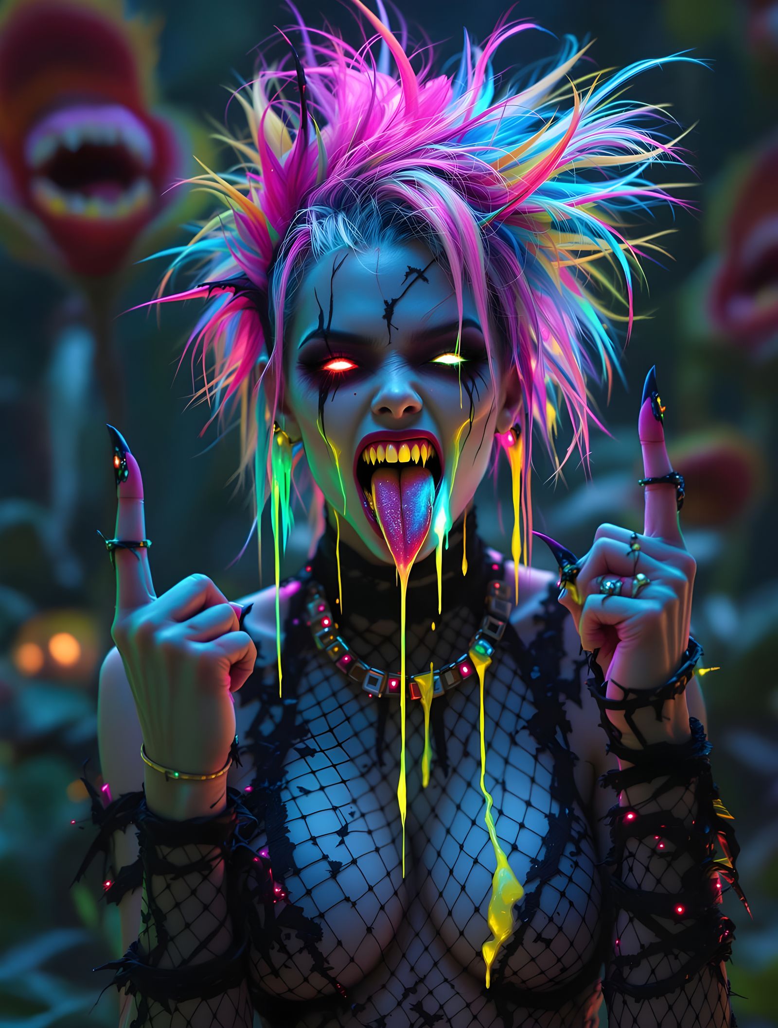 Grotesque Punk Goddess Raises Middle Fingers in Defiance