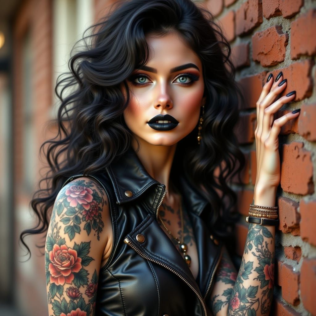 Gothic Pinup Woman Leans Against Brick Wall