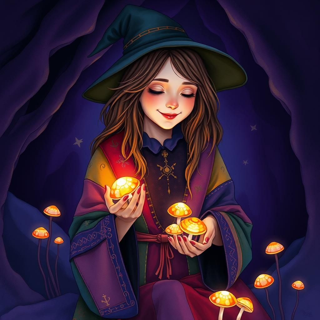 Enchanting Witch Gathering Mushrooms in Purple Cave
