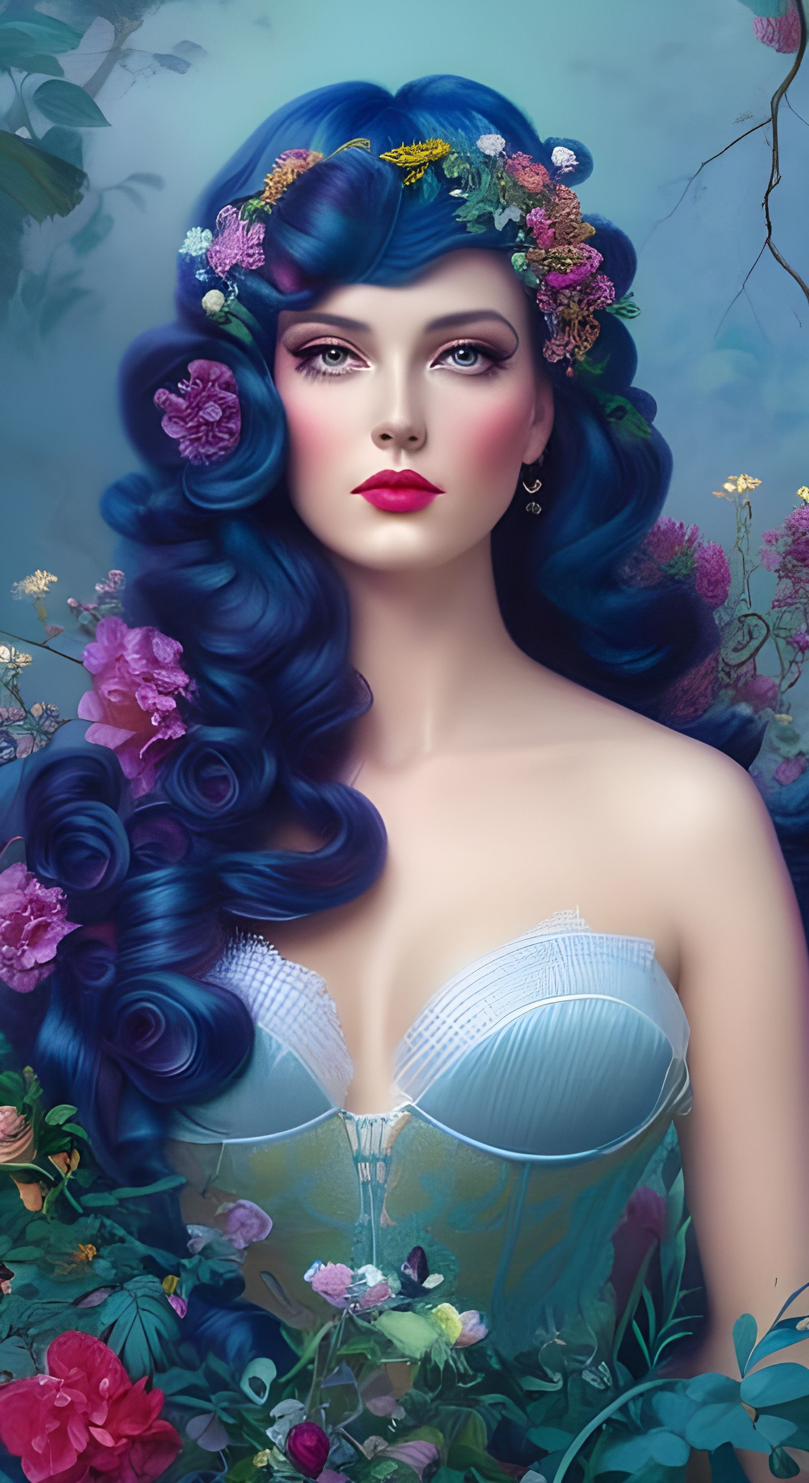 Floral Pin-Up Portrait in Neo-Romantic Pastel Style