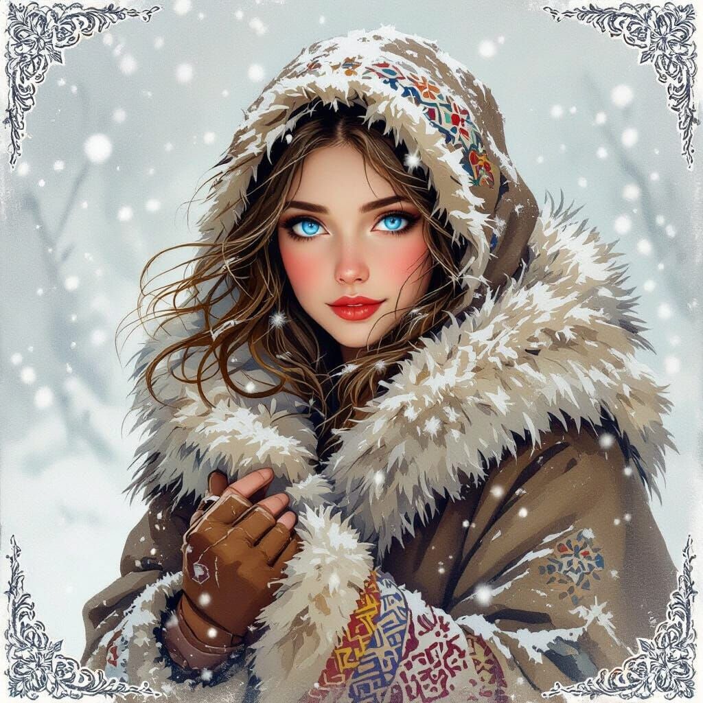 Wassilissa Searches in Snowstorm, Bilibin-Inspired Watercolo...