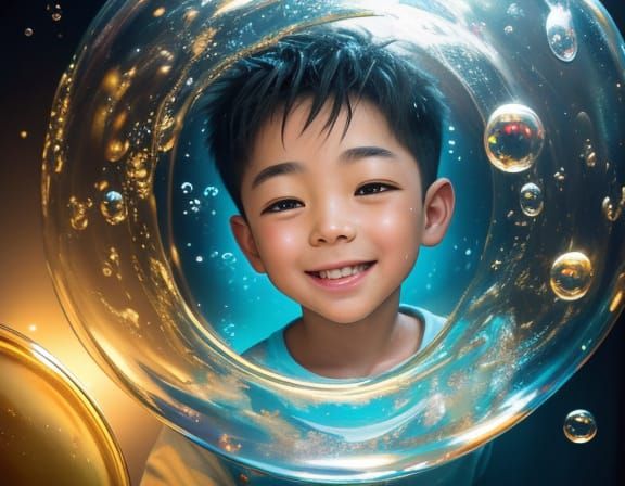 Magical Cleaning Bubble Surrounds Boy in Kitchen