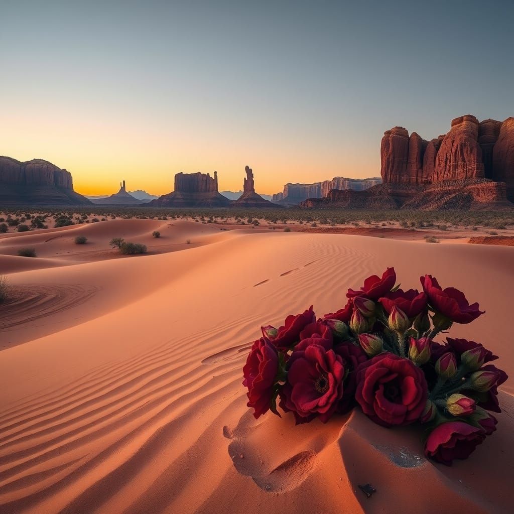 Crimson Desert Rose Landscape at Golden Hour