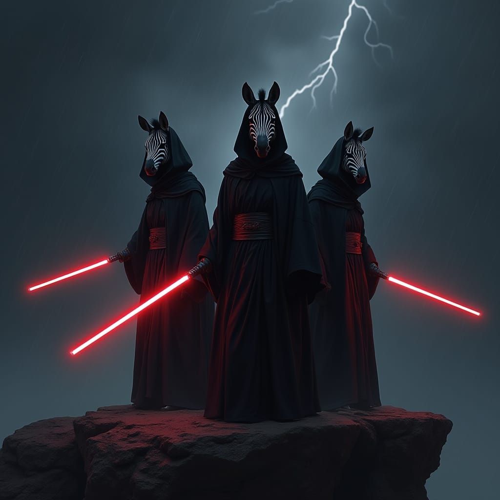 Zebras with Lightsabers on Stormy Cliff Edge