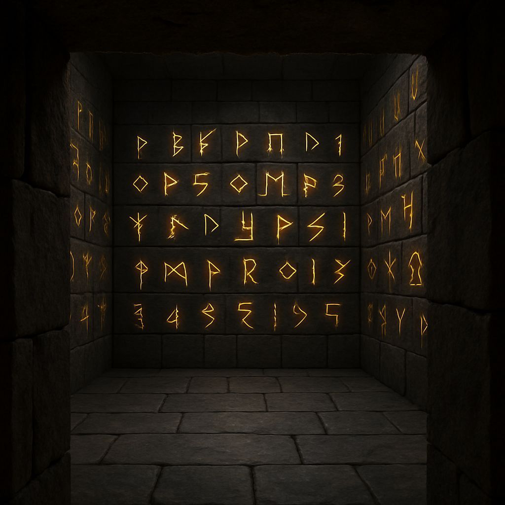 Chamber of Basalt Walls with Golden Runes