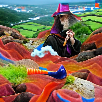 Wizard Smoking Pipe in Vibrant Landscape